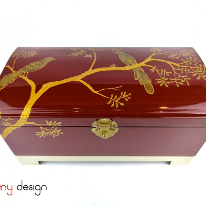 Red rectangle lacquer box, cambered lid hand-painted with branch 18*35cm